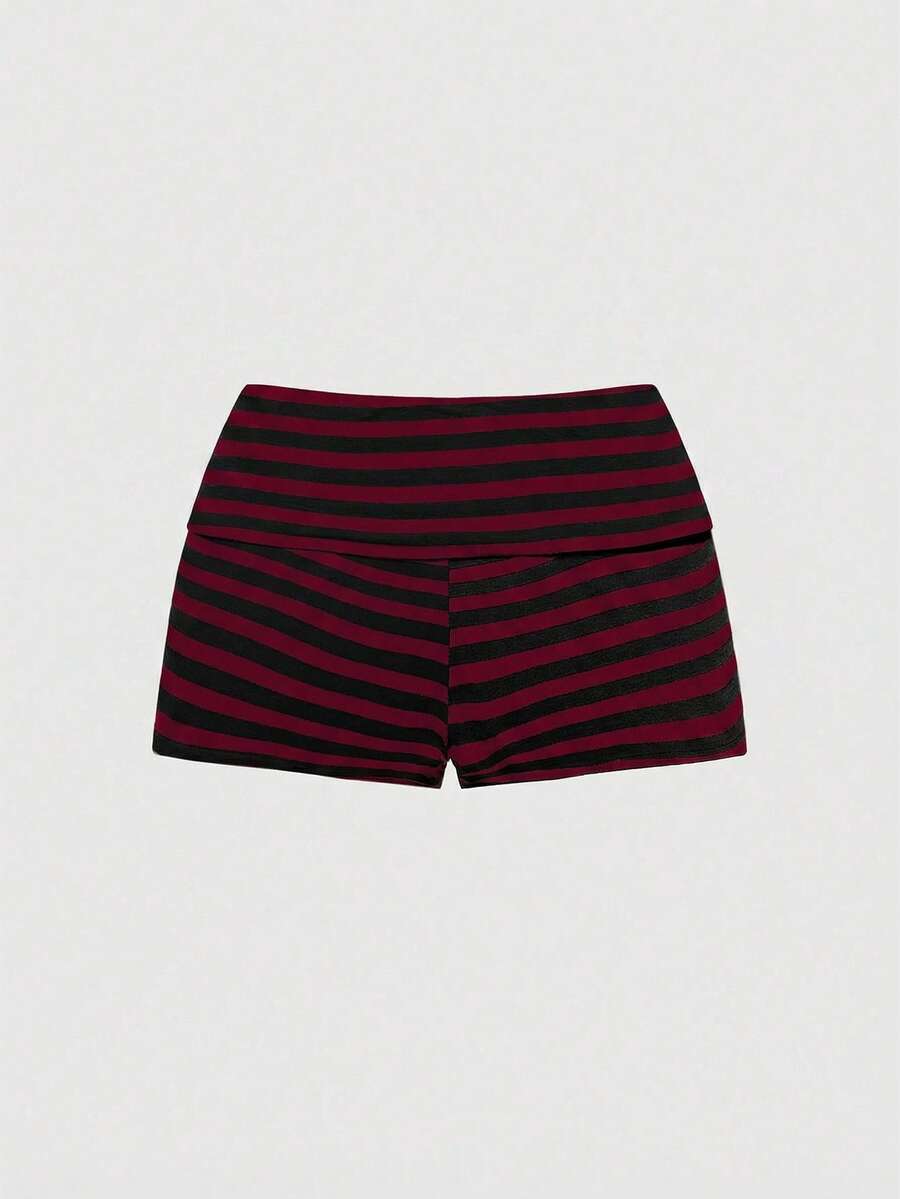 Women's 2-piece outfit with an off-the-shoulder short sleeve tee and track shorts, featuring a geometric striped pattern and slim-fit high-stretch knitted fabric.