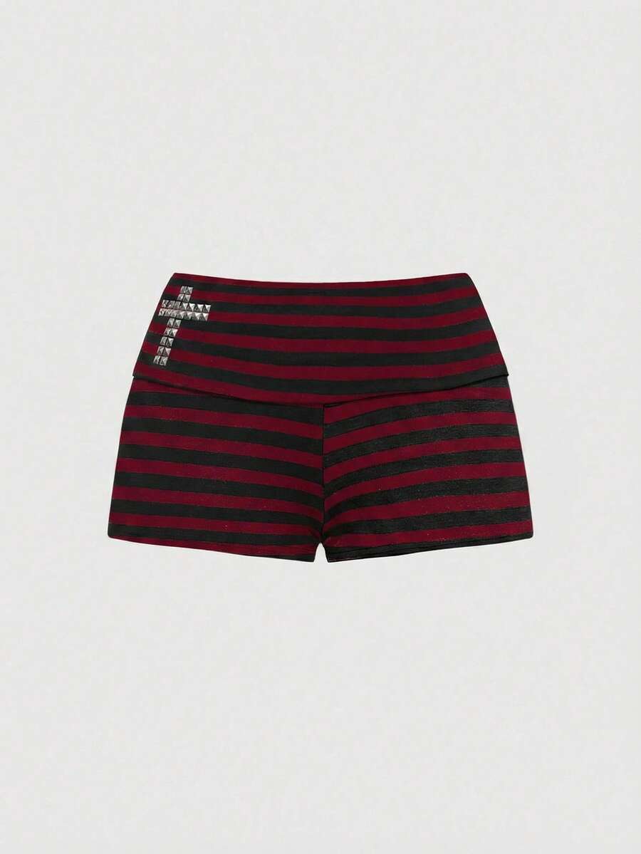 Women's 2-piece outfit with an off-the-shoulder short sleeve tee and track shorts, featuring a geometric striped pattern and slim-fit high-stretch knitted fabric.