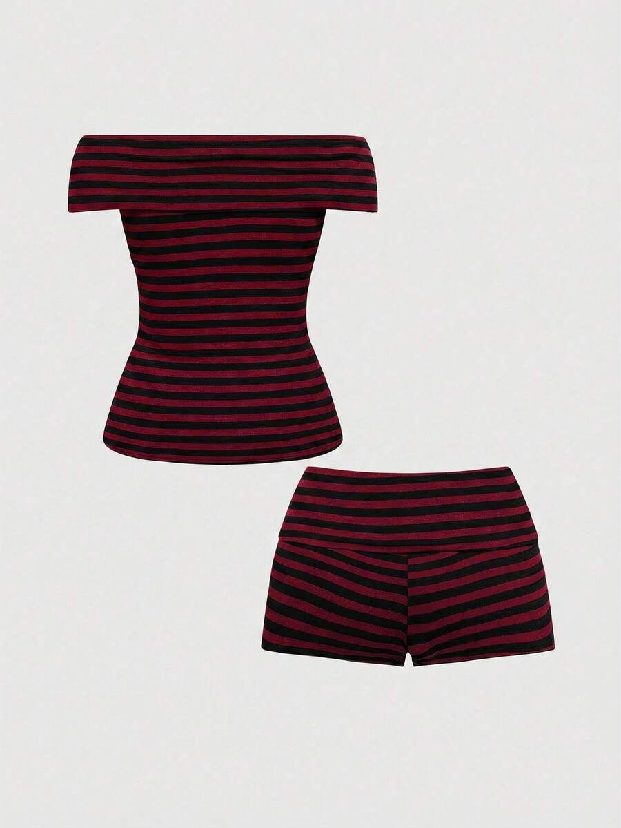 Women's 2-piece outfit with an off-the-shoulder short sleeve tee and track shorts, featuring a geometric striped pattern and slim-fit high-stretch knitted fabric.