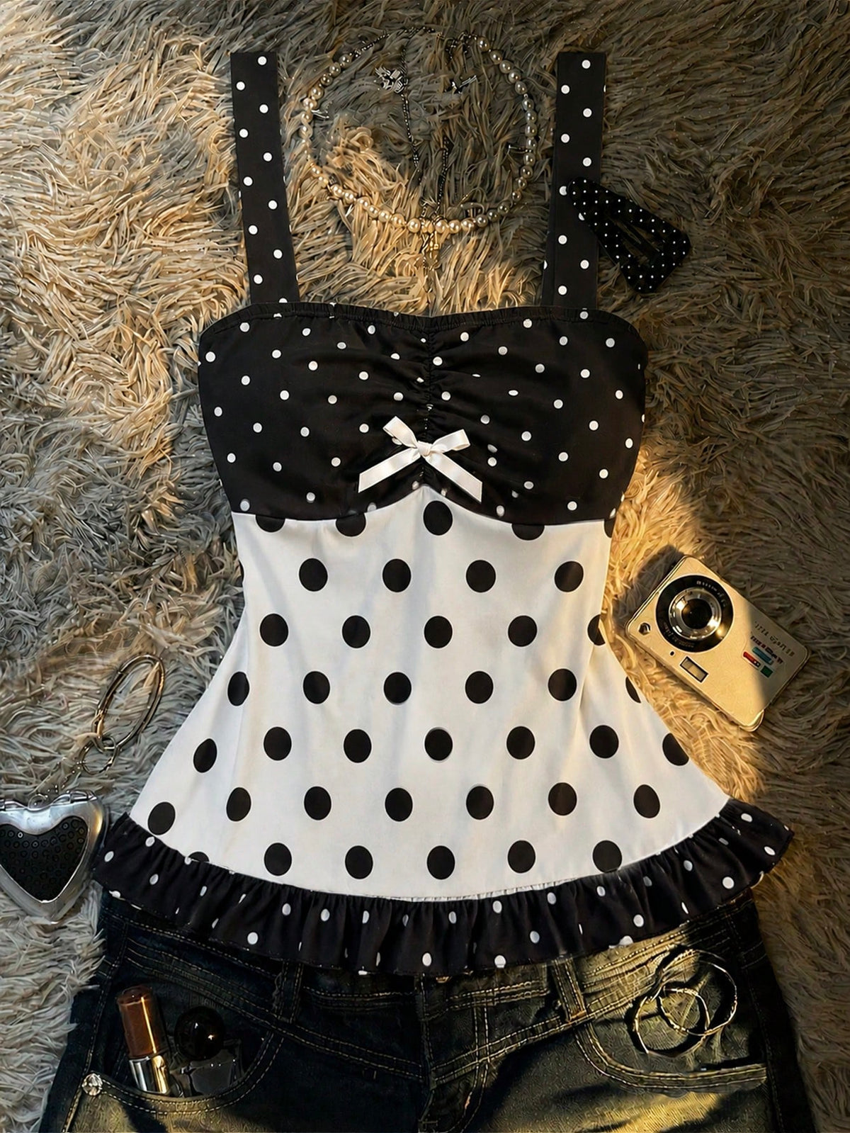 Multicolor Y2K slim fit crop top with wide straps, polka dot print, ruched shirred design, bow accents, and a flared ruffle hem.