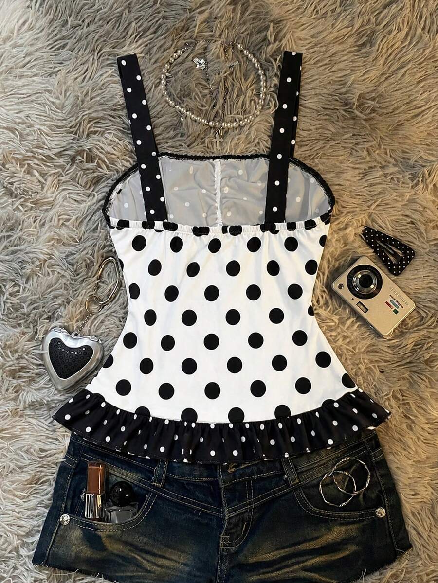 Multicolor Y2K slim fit crop top with wide straps, polka dot print, ruched shirred design, bow accents, and a flared ruffle hem.