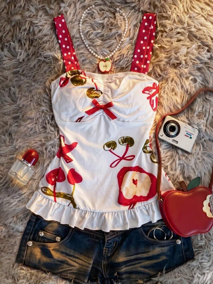 Multicolor Y2K slim fit crop top with wide straps, polka dot print, ruched shirred design, bow accents, and a flared ruffle hem.