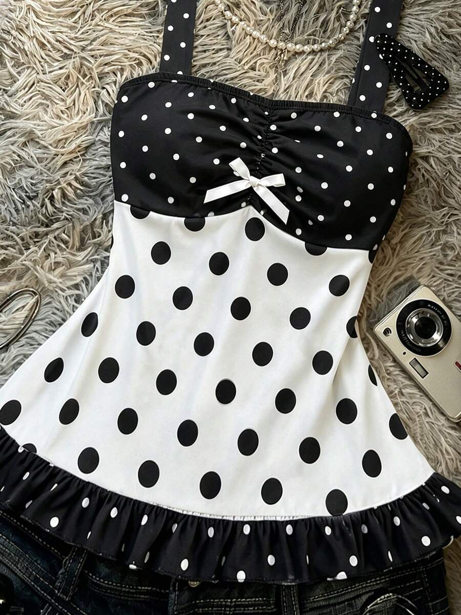 Multicolor Y2K slim fit crop top with wide straps, polka dot print, ruched shirred design, bow accents, and a flared ruffle hem.