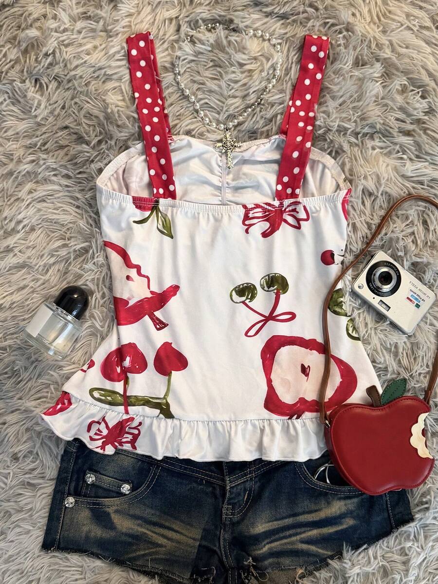 Multicolor Y2K slim fit crop top with wide straps, polka dot print, ruched shirred design, bow accents, and a flared ruffle hem.