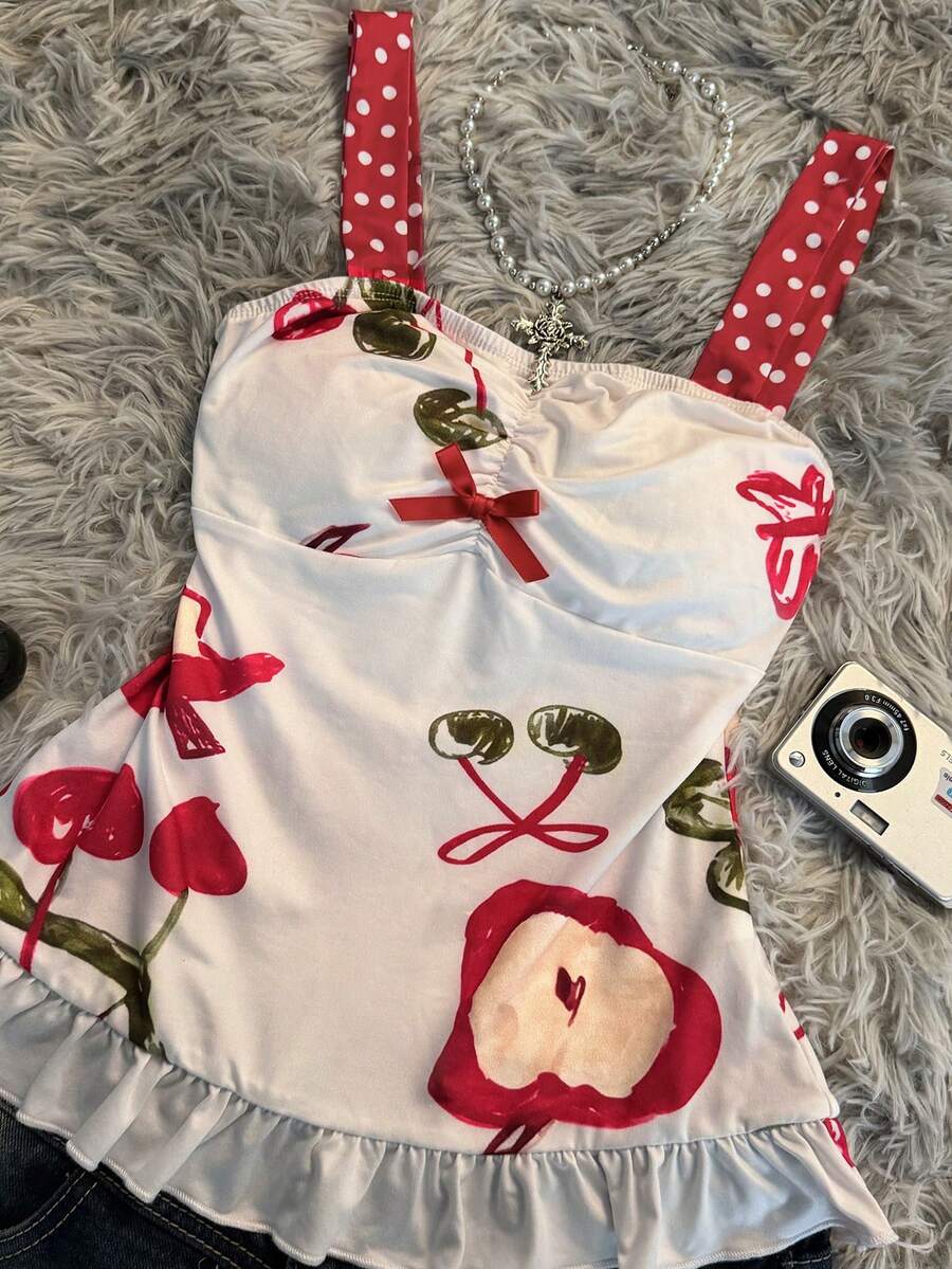 Multicolor Y2K slim fit crop top with wide straps, polka dot print, ruched shirred design, bow accents, and a flared ruffle hem.