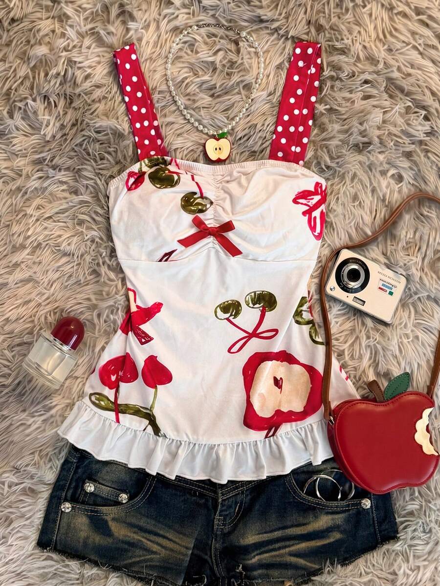 Multicolor Y2K slim fit crop top with wide straps, polka dot print, ruched shirred design, bow accents, and a flared ruffle hem.