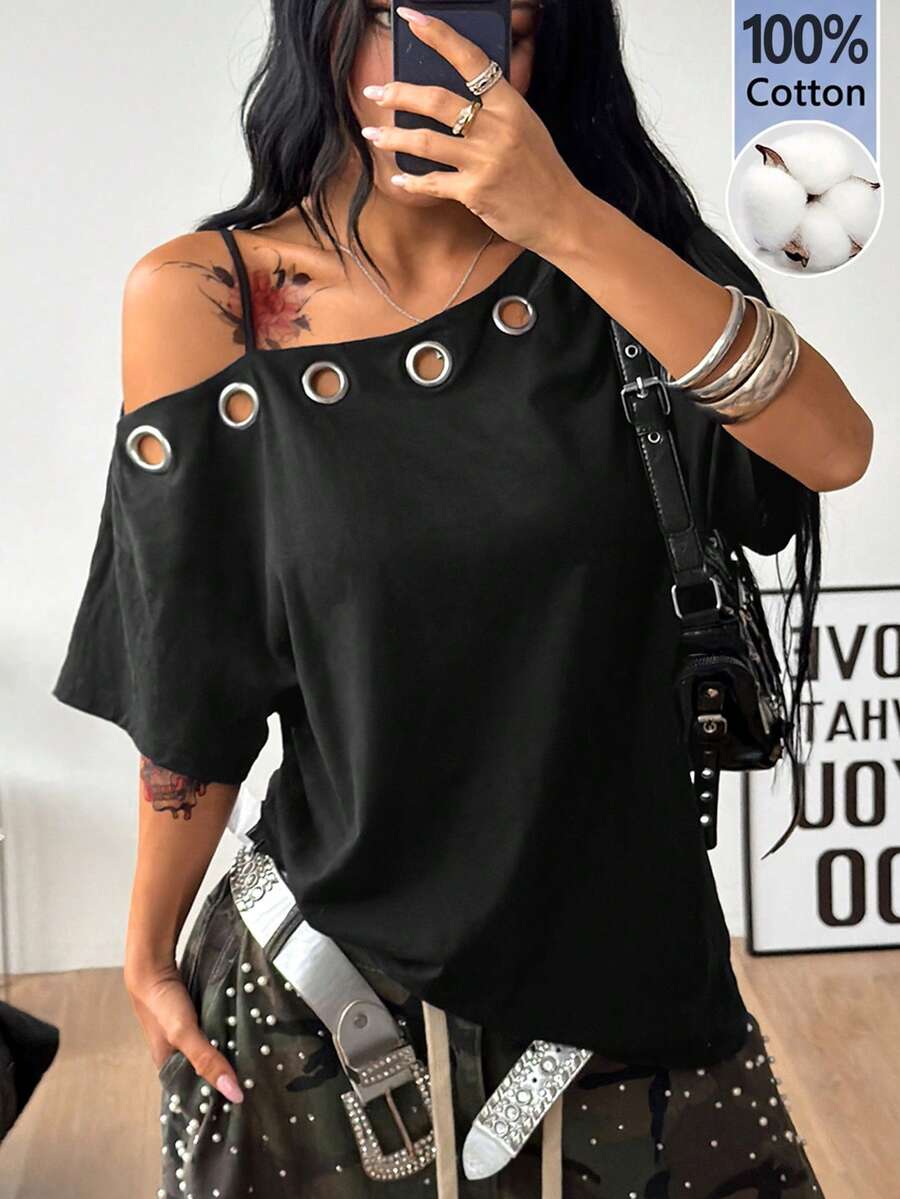 Women's casual loose fit cold shoulder cotton t-shirt with asymmetrical cutout neckline and short sleeves.