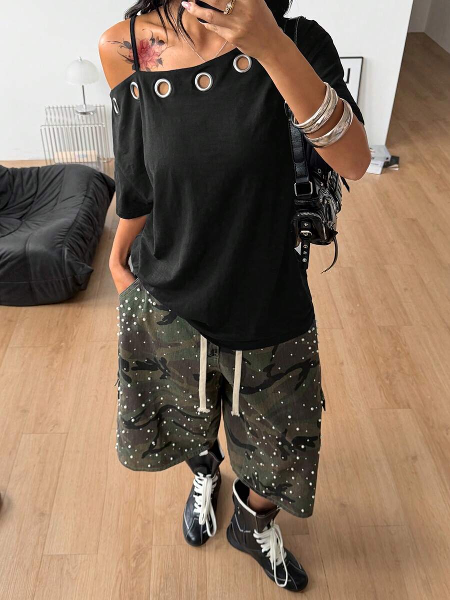 Women's casual loose fit cold shoulder cotton t-shirt with asymmetrical cutout neckline and short sleeves.