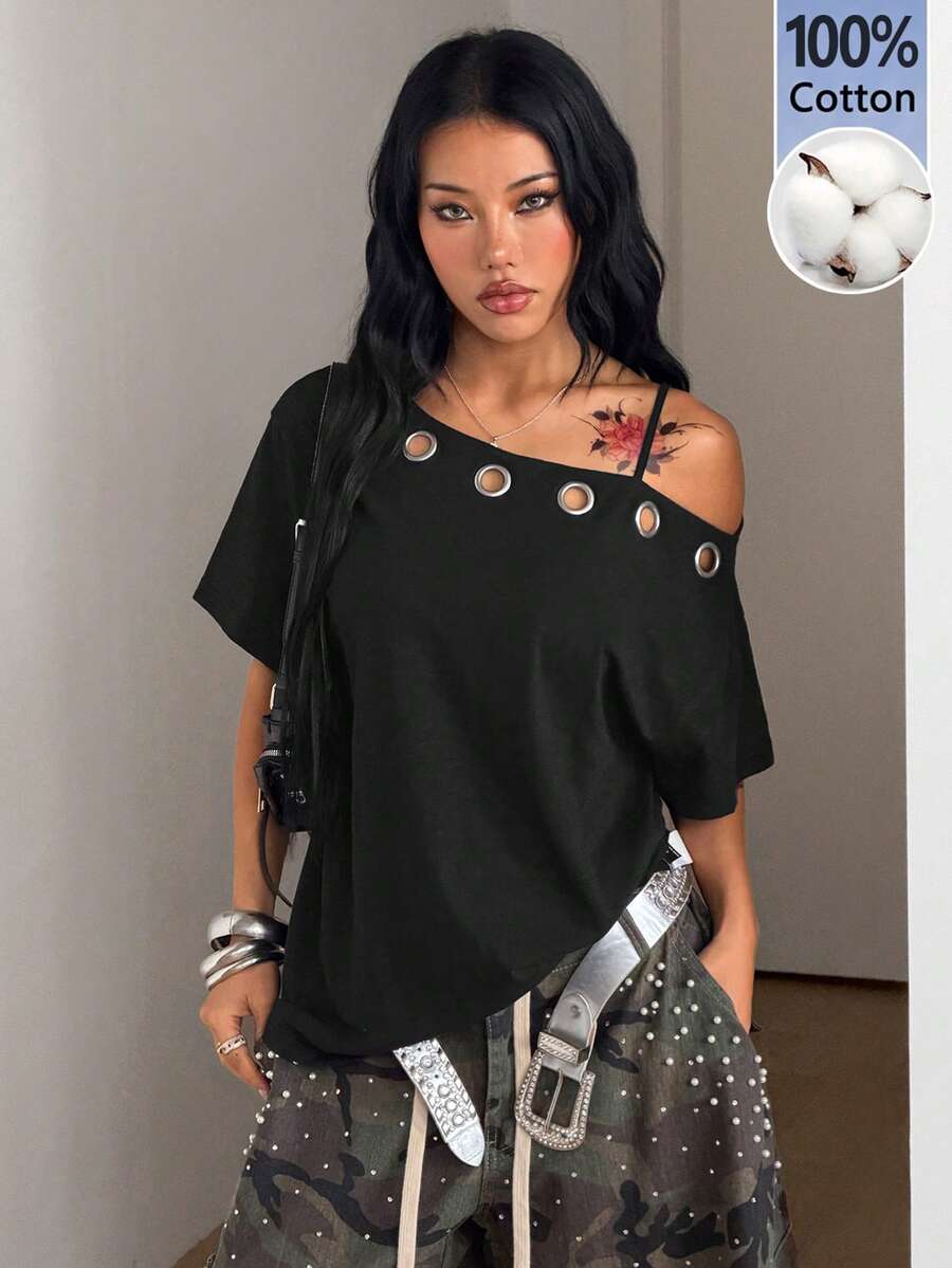 Women's casual loose fit cold shoulder cotton t-shirt with asymmetrical cutout neckline and short sleeves.