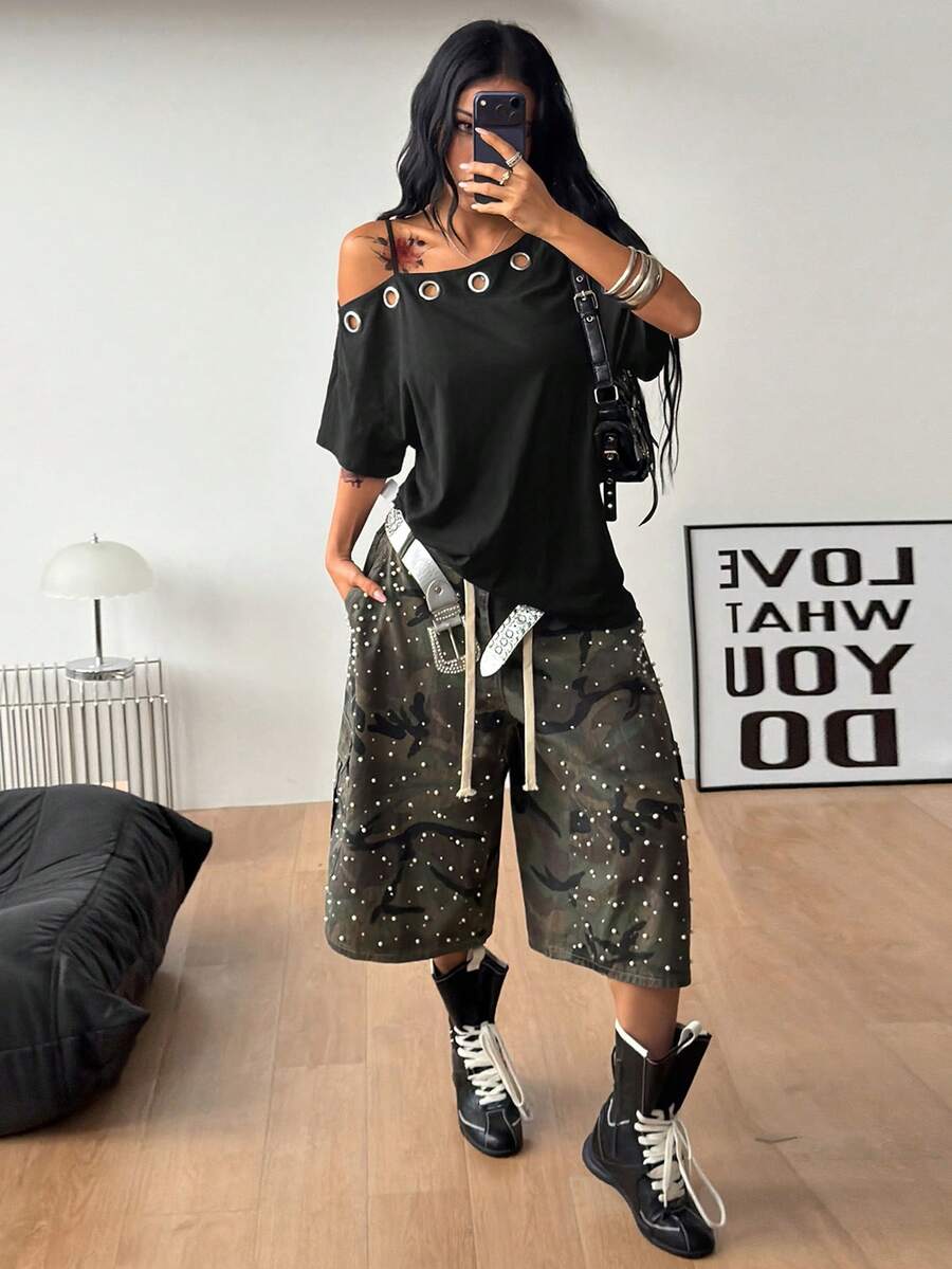 Women's casual loose fit cold shoulder cotton t-shirt with asymmetrical cutout neckline and short sleeves.