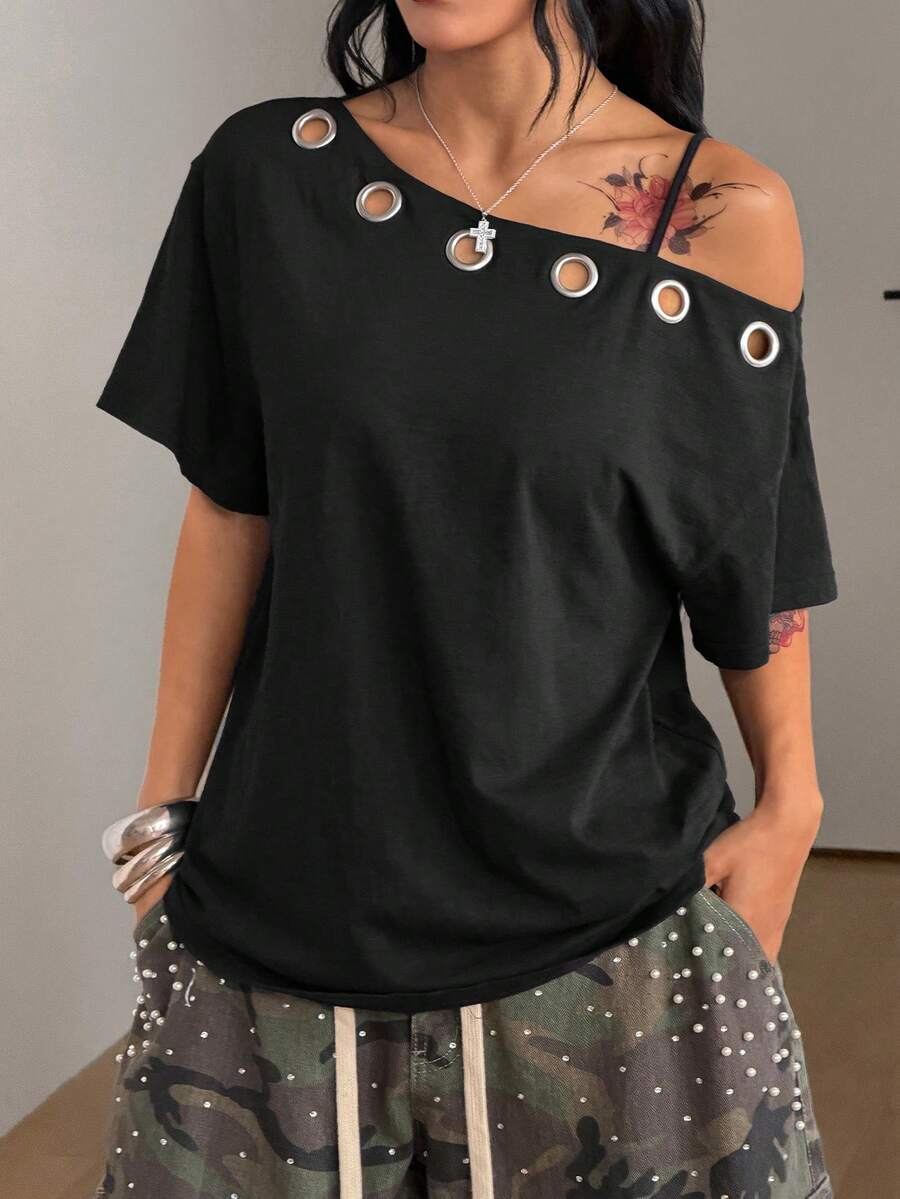 Women's casual loose fit cold shoulder cotton t-shirt with asymmetrical cutout neckline and short sleeves.
