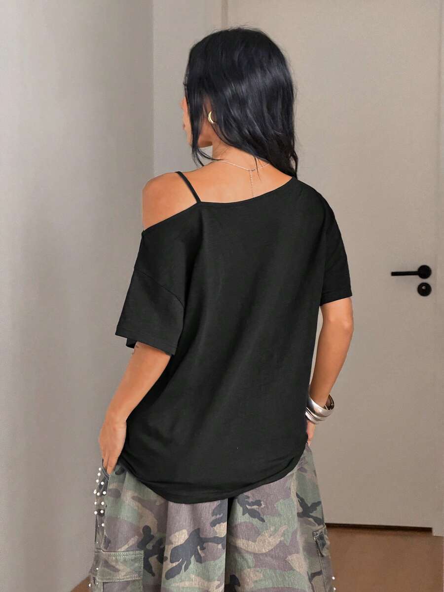 Women's casual loose fit cold shoulder cotton t-shirt with asymmetrical cutout neckline and short sleeves.