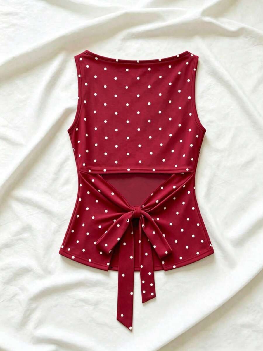 Women's cowl neck tie polka dot pleated tank blouse with ruched details and a regular fit