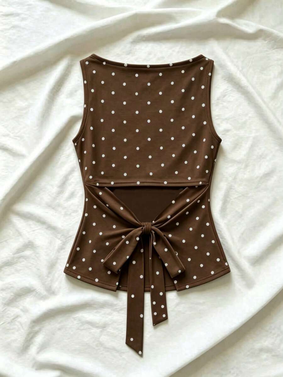 Women's cowl neck tie polka dot pleated tank blouse with ruched details and a regular fit