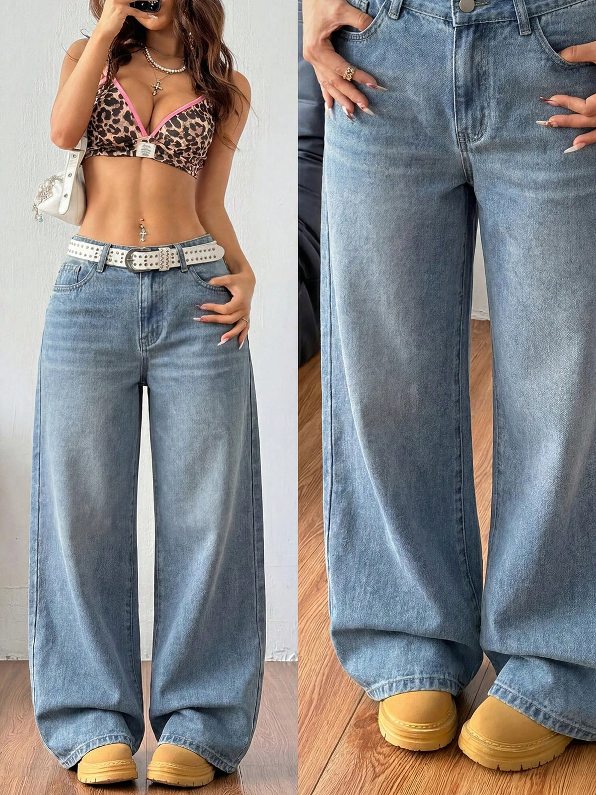 Women's relaxed fit wide leg denim jeans with pockets and a zipper fly.