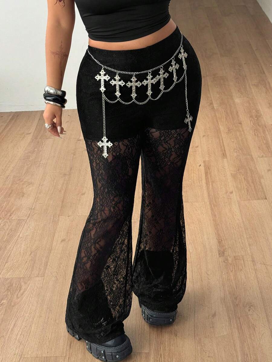 Women's plus size black flare leg pants with high elastic waist in stretchy knit fabric