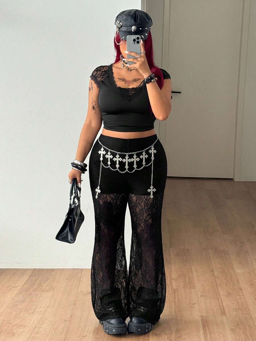 Women's plus size black flare leg pants with high elastic waist in stretchy knit fabric