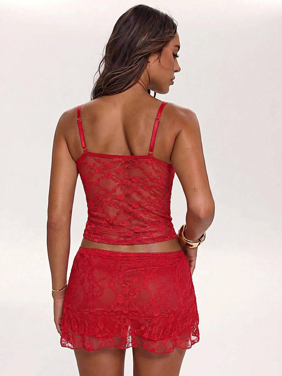 Women's lace strap ruched crop camisole top with spaghetti straps, slim fit, lined body, and semi-sheer plain design