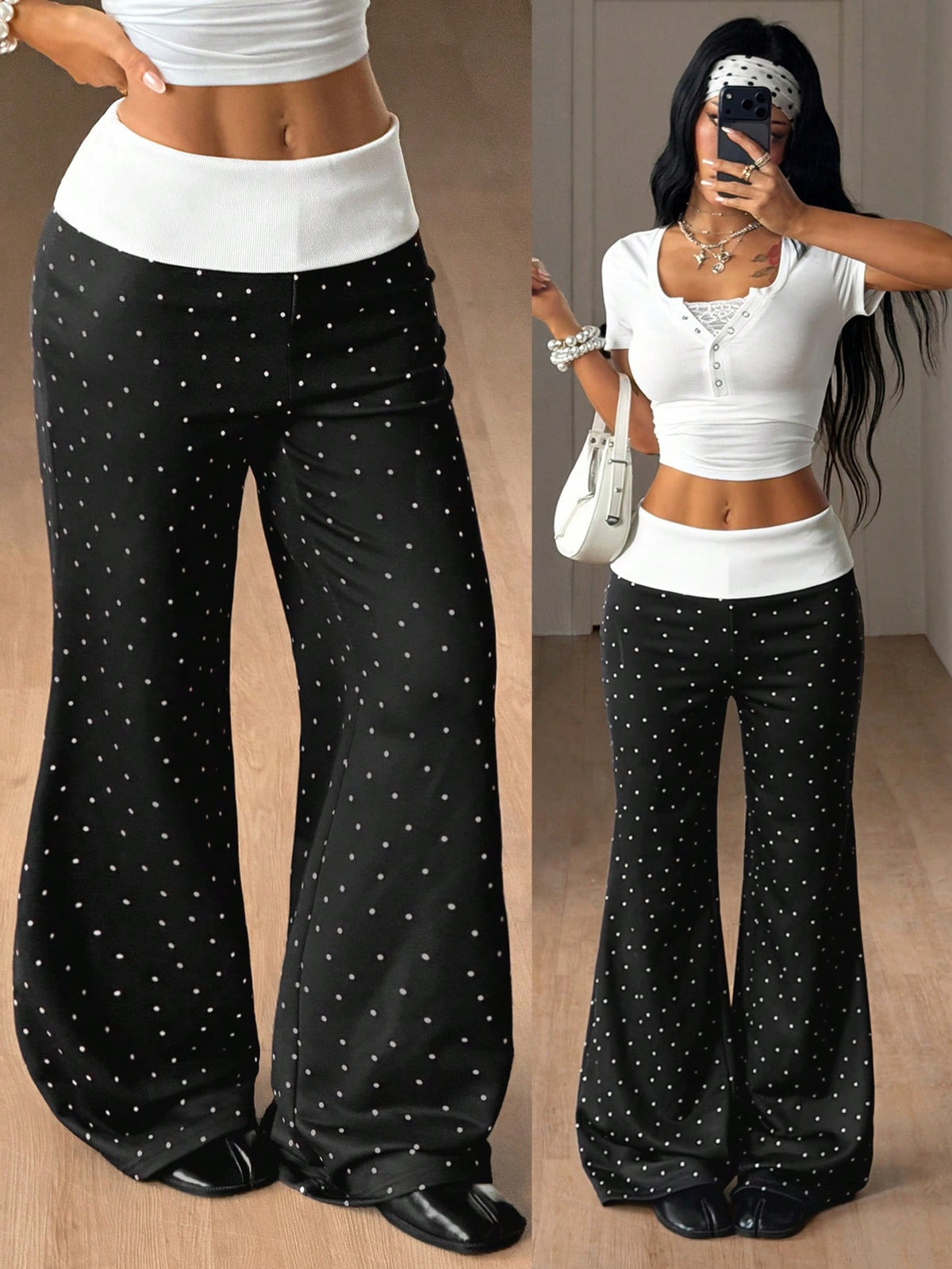 Women's black low waist wide leg flare sweatpants with rib-knit texture and contrast binding details.