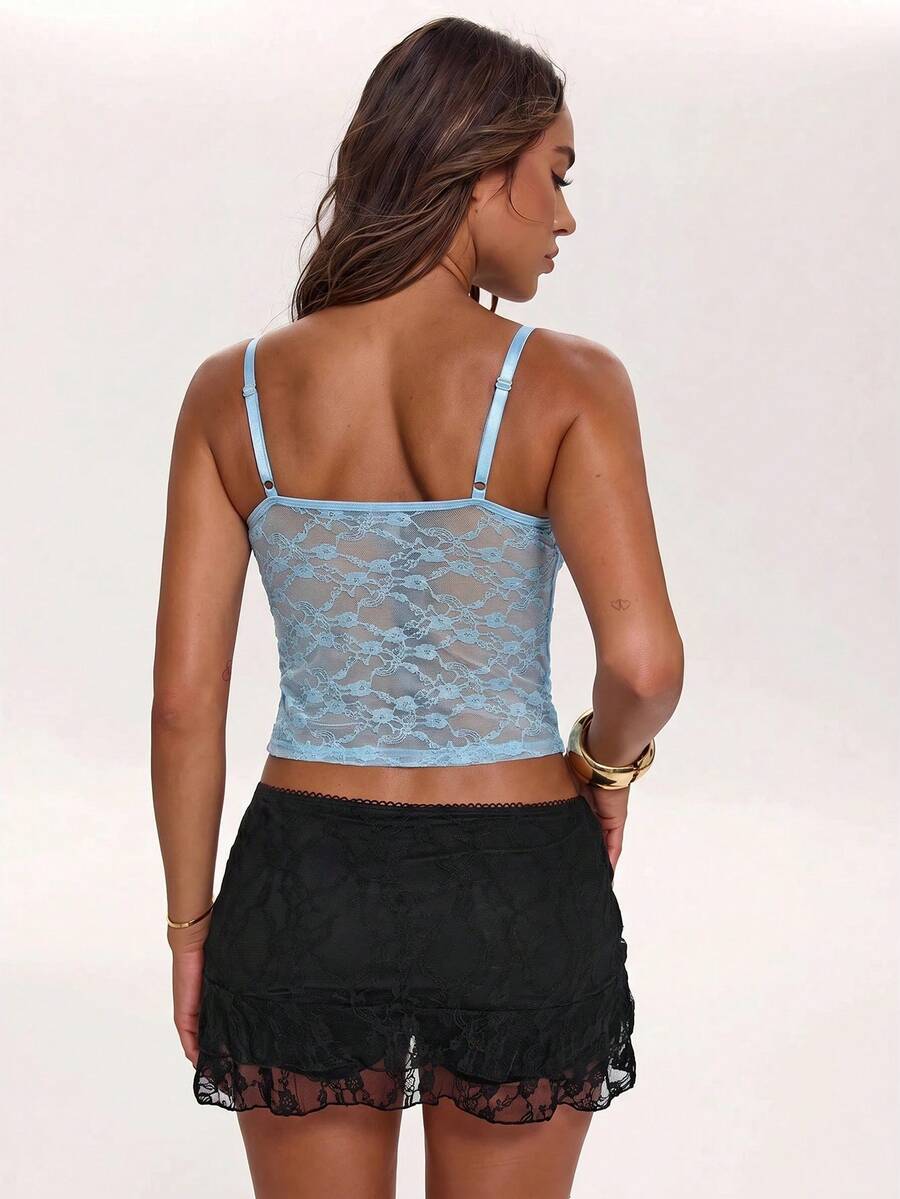 Women's lace strap ruched crop camisole top with spaghetti straps, slim fit, lined body, and semi-sheer plain design