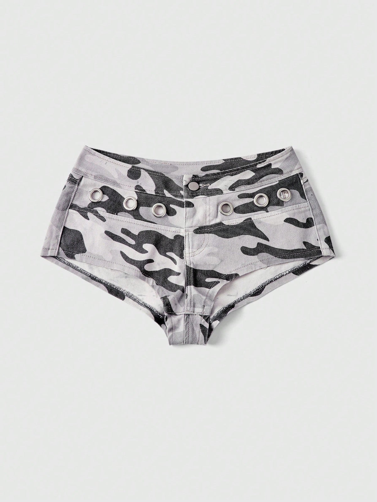 Women's ultra low waist camouflage mini skort shorts with zipper fly, button detail, and grommet eyelet accents.