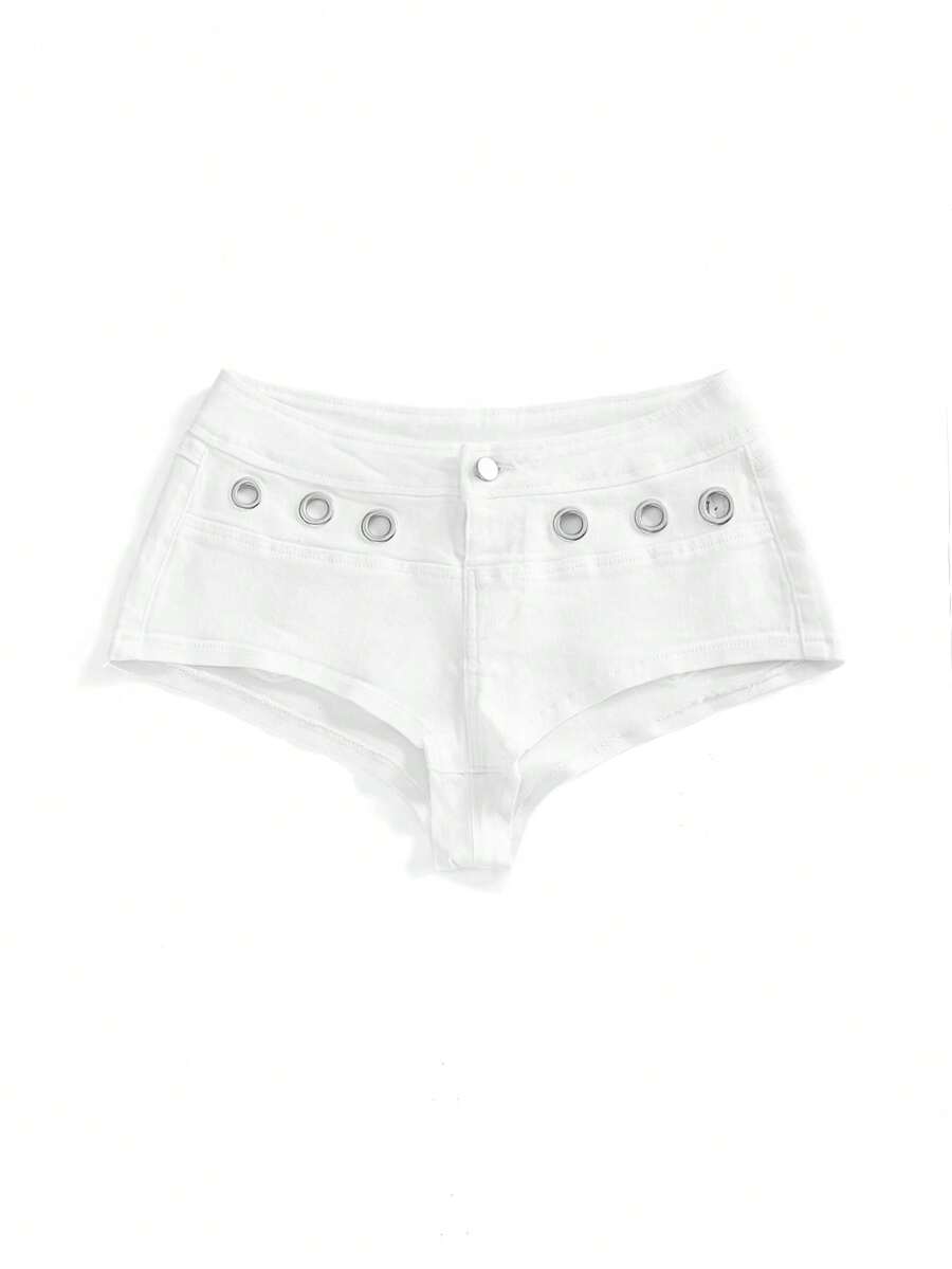 Women's ultra low waist camouflage mini skort shorts with zipper fly, button detail, and grommet eyelet accents.