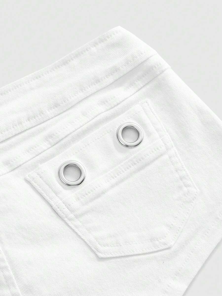 Women's ultra low waist camouflage mini skort shorts with zipper fly, button detail, and grommet eyelet accents.