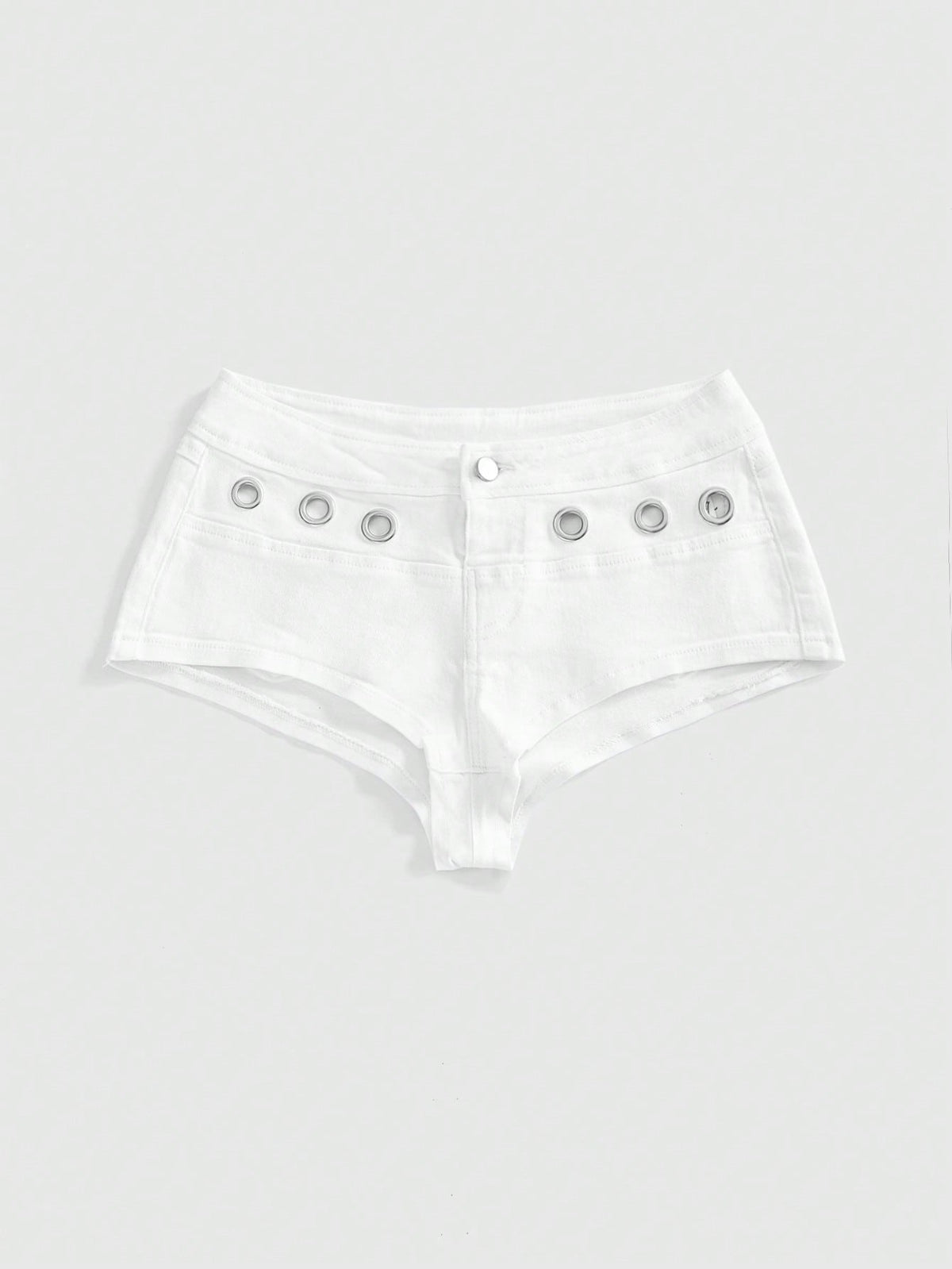 Women's ultra low waist camouflage mini skort shorts with zipper fly, button detail, and grommet eyelet accents.