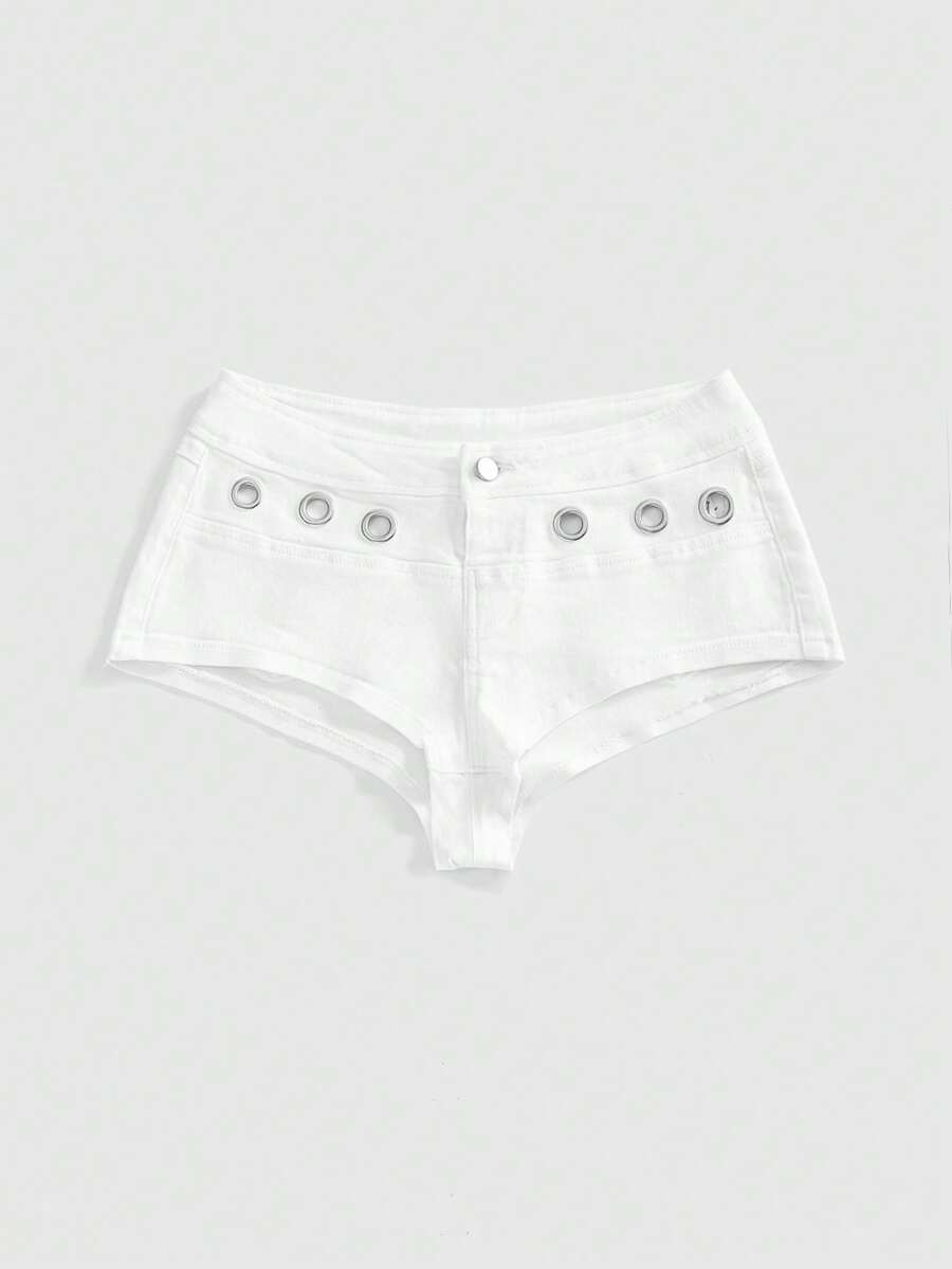 Women's ultra low waist camouflage mini skort shorts with zipper fly, button detail, and grommet eyelet accents.