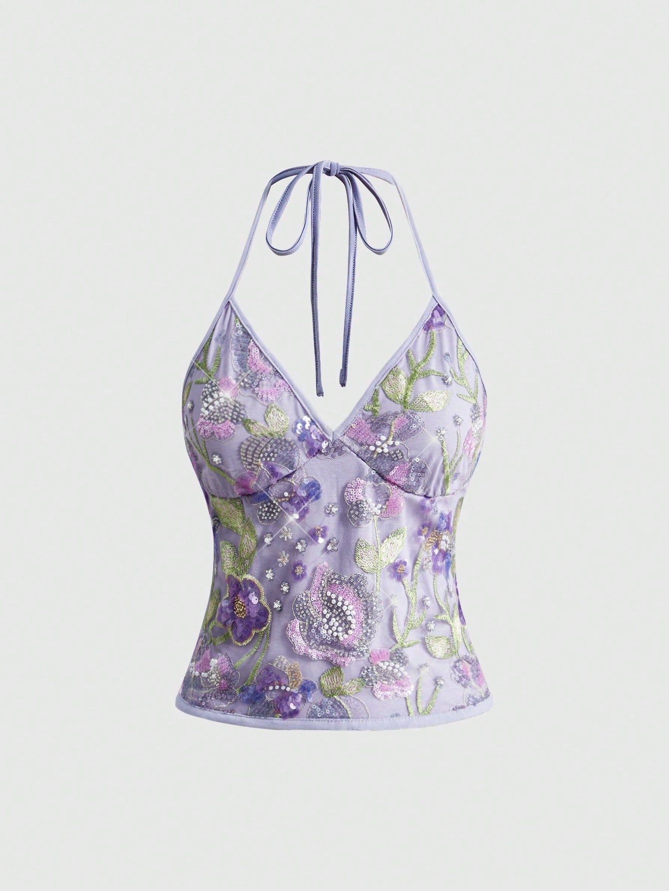 Women's floral embroidery faux pearl tie-neck crop cami top with contrast lace, ruched detail, and backless boho styling