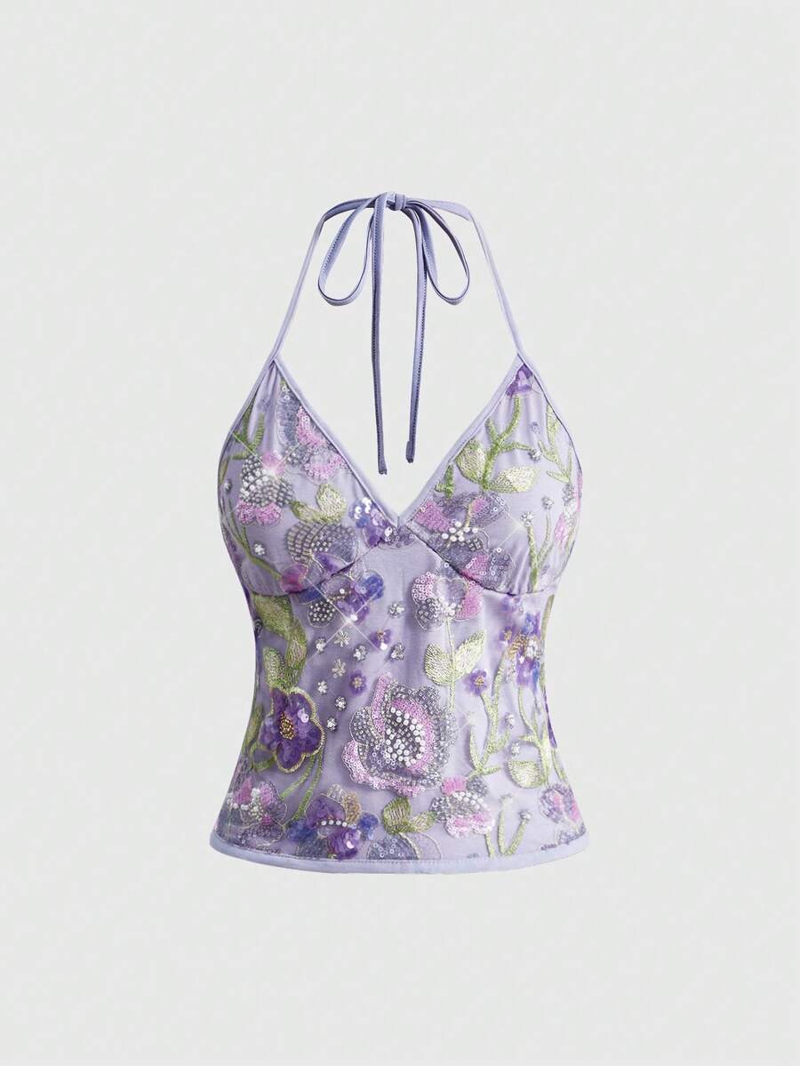 Women's floral embroidery faux pearl tie-neck crop cami top with contrast lace, ruched detail, and backless boho styling