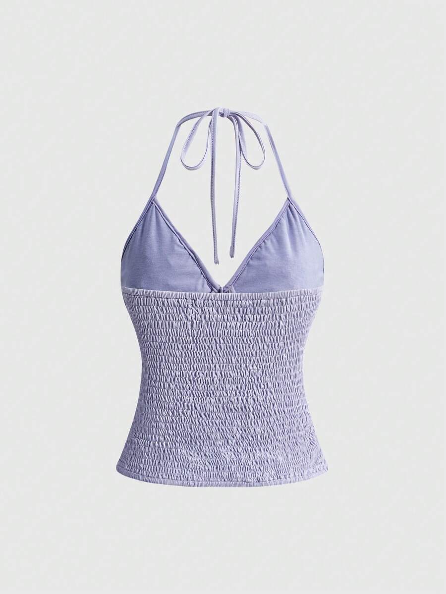 Women's floral embroidery faux pearl tie-neck crop cami top with contrast lace, ruched detail, and backless boho styling