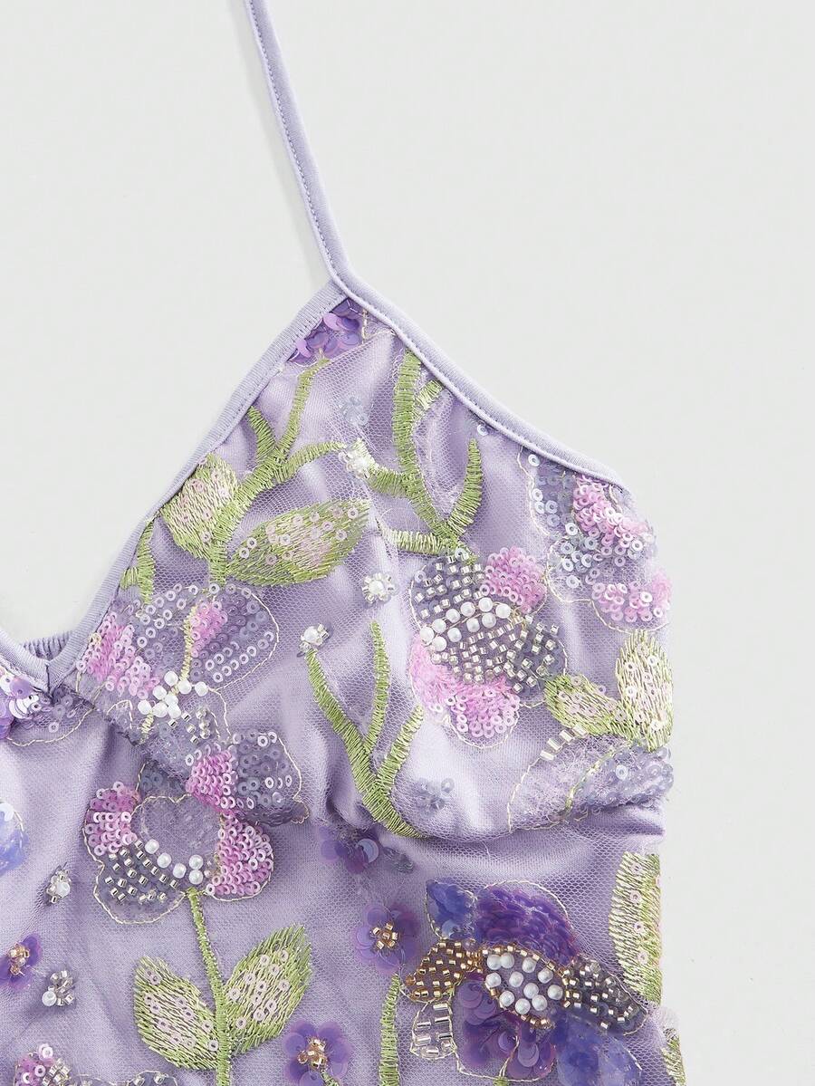 Women's floral embroidery faux pearl tie-neck crop cami top with contrast lace, ruched detail, and backless boho styling