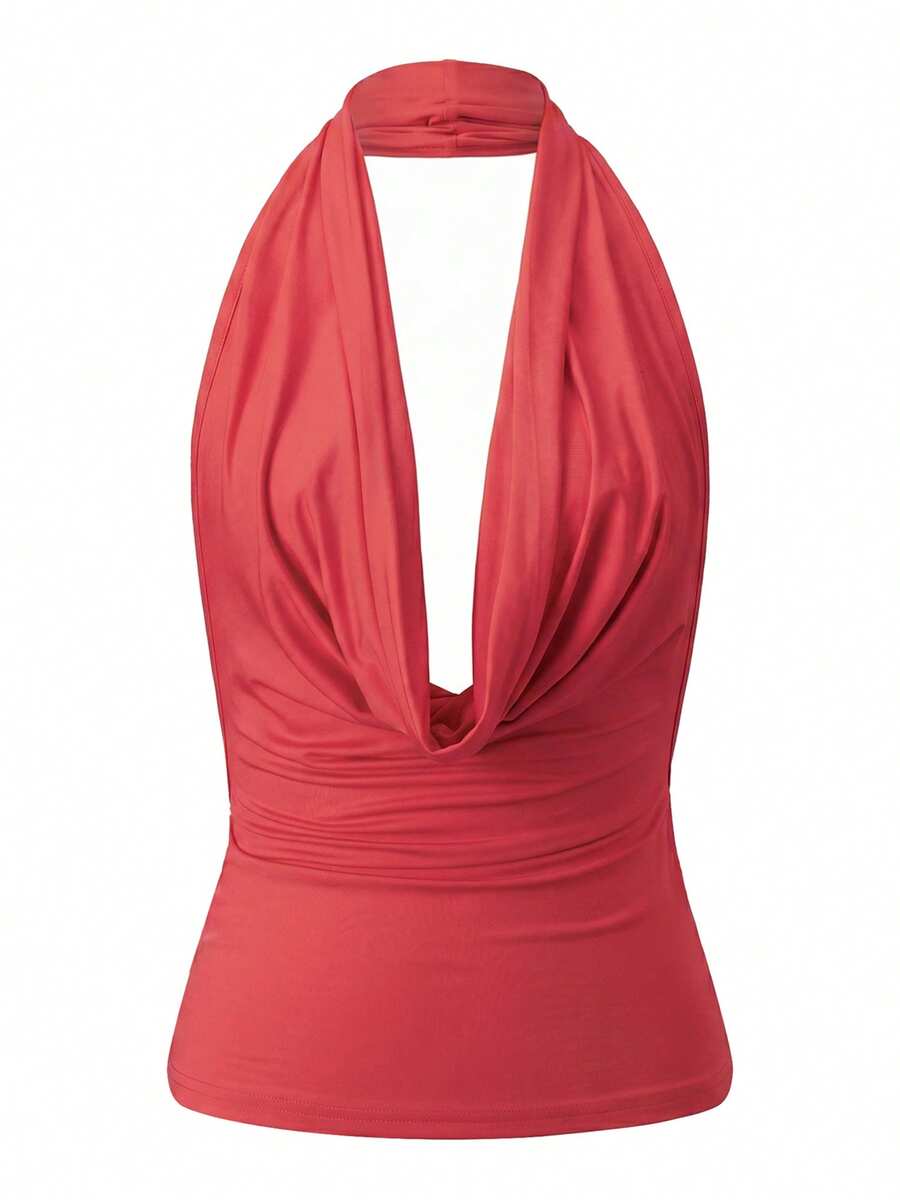 Women's backless halter crop top featuring a draped cowl front, knot detail, and slim fit design.