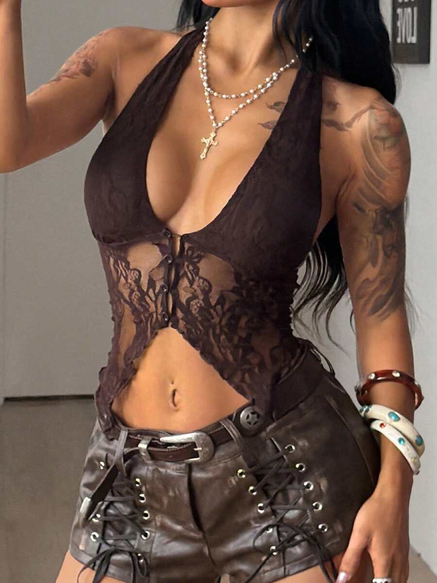 Women's slim-fit halter bandeau top featuring lace detail, cold shoulder design, and an asymmetrical hem.