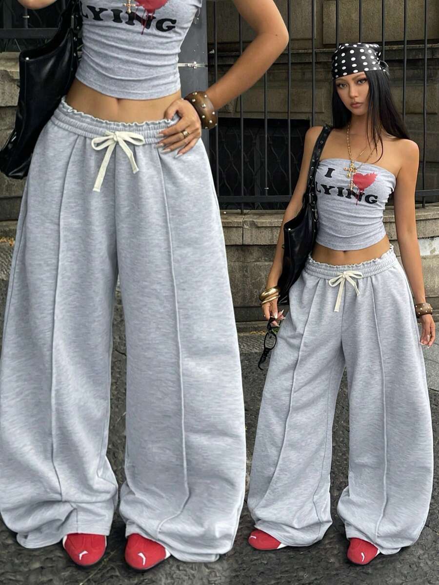 Women's striped straight leg casual trousers with elastic mid waist and side pockets