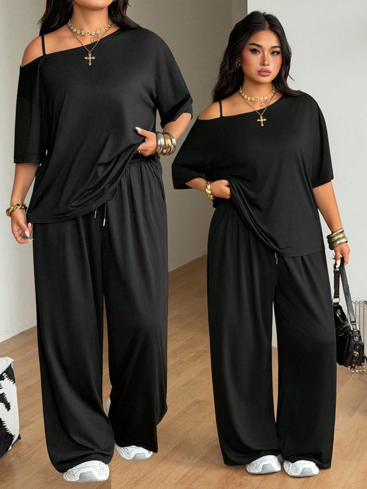 Women's two-piece lounge set featuring a loose drop shoulder asymmetrical neck short sleeve t-shirt and wide-leg knit pants with pockets.