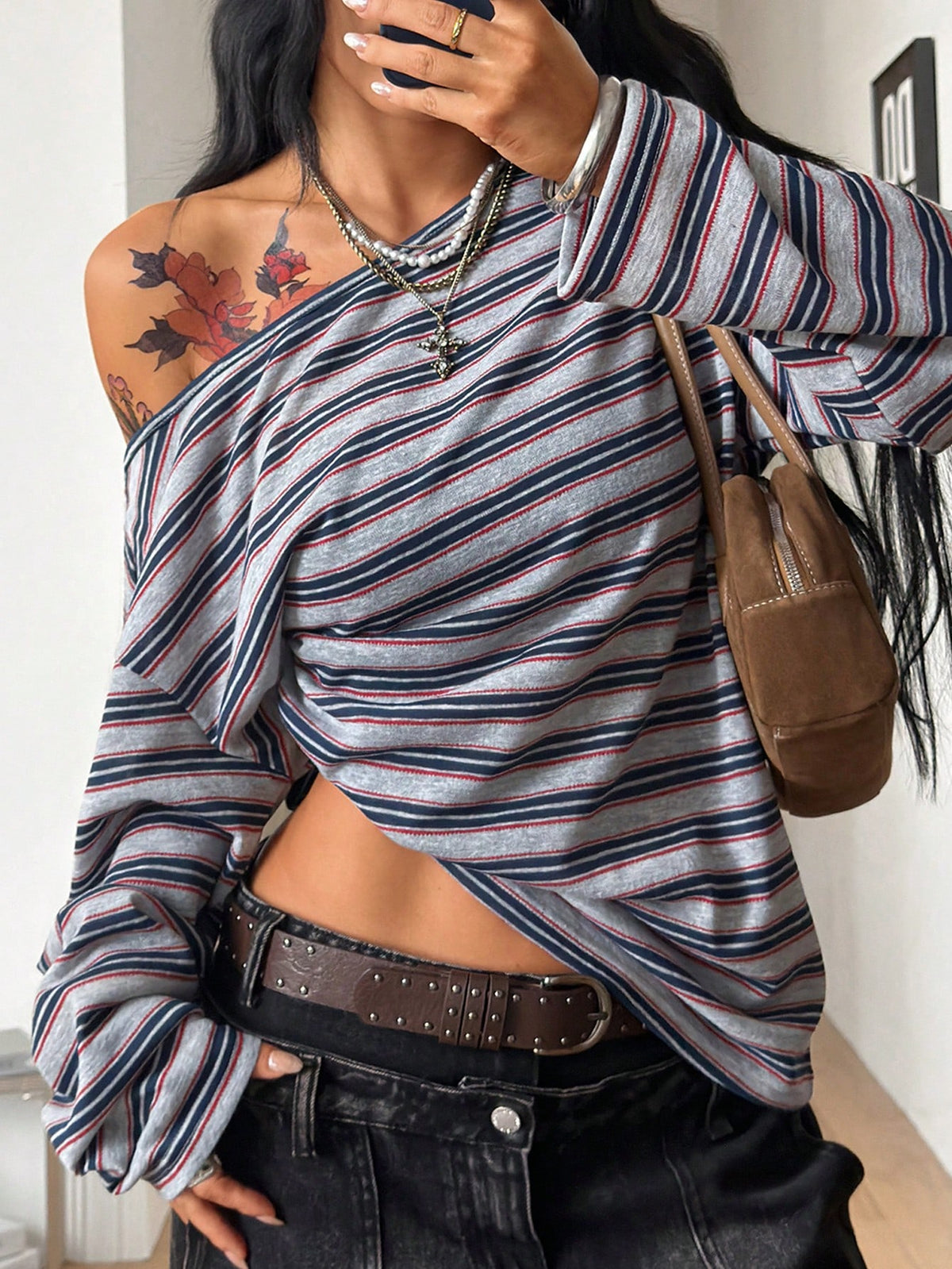 Women's brown striped boat neck long sleeve raglan T-shirt with a loose casual fit