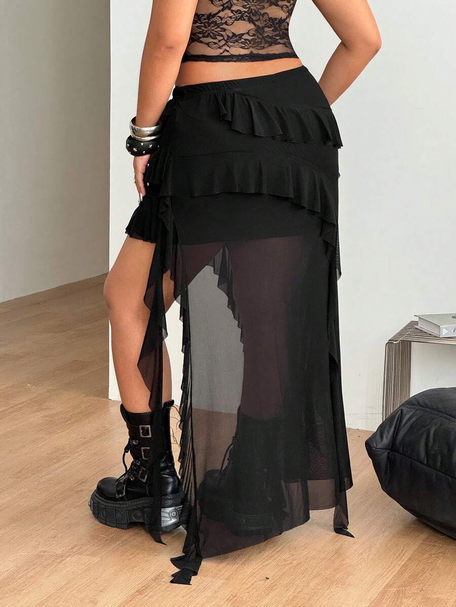Women's plus size black asymmetrical ruffle maxi skirt with tiered mesh knit detailing and a mid-rise waist