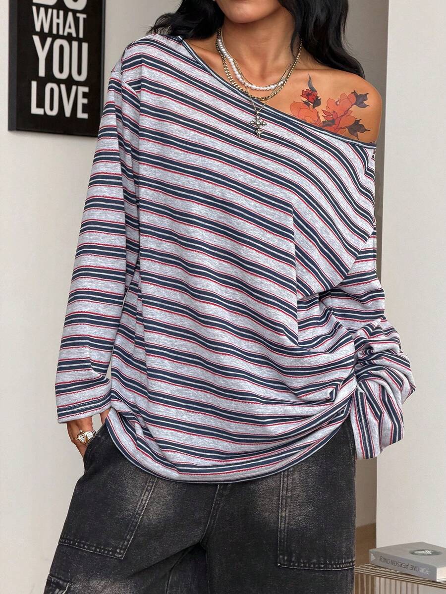 Women's brown striped boat neck long sleeve raglan T-shirt with a loose casual fit