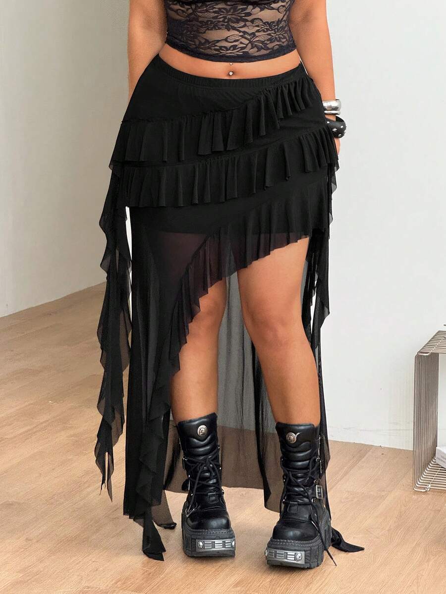 Women's plus size black asymmetrical ruffle maxi skirt with tiered mesh knit detailing and a mid-rise waist