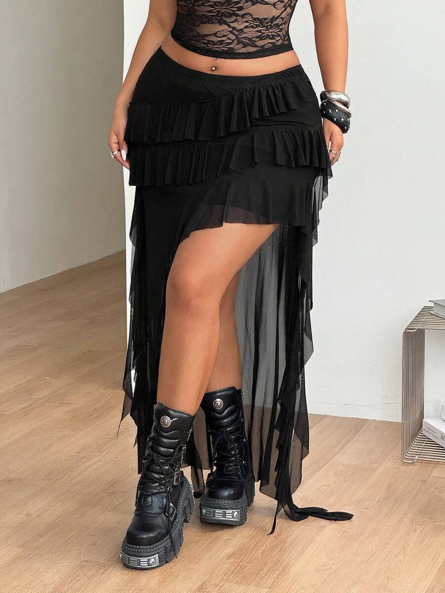 Women's plus size black asymmetrical ruffle maxi skirt with tiered mesh knit detailing and a mid-rise waist