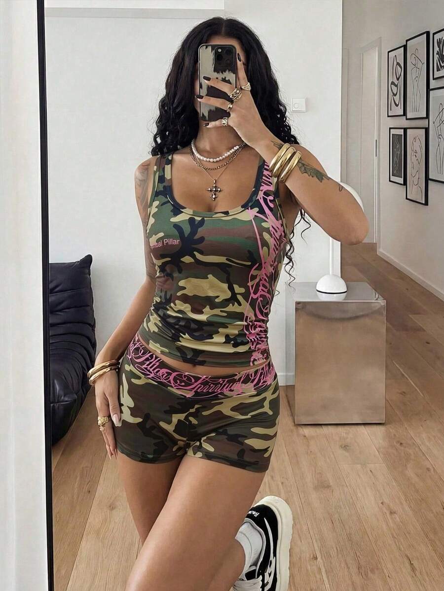 Women's Halloween print two-piece outfit with scoop neck camisole top and matching short biker track shorts in a slim fit