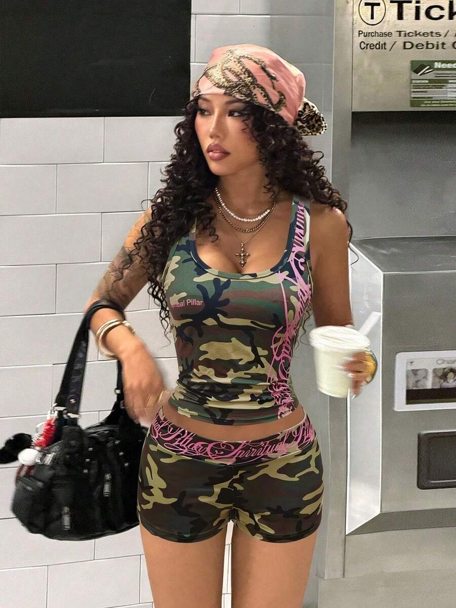 Women's Halloween print two-piece outfit with scoop neck camisole top and matching short biker track shorts in a slim fit