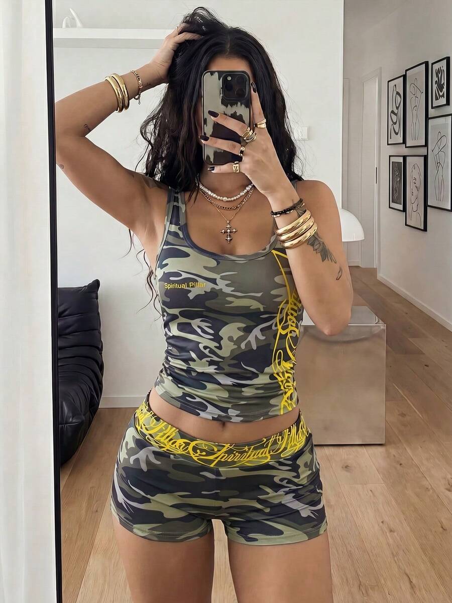 Women's Halloween print two-piece outfit with scoop neck camisole top and matching short biker track shorts in a slim fit