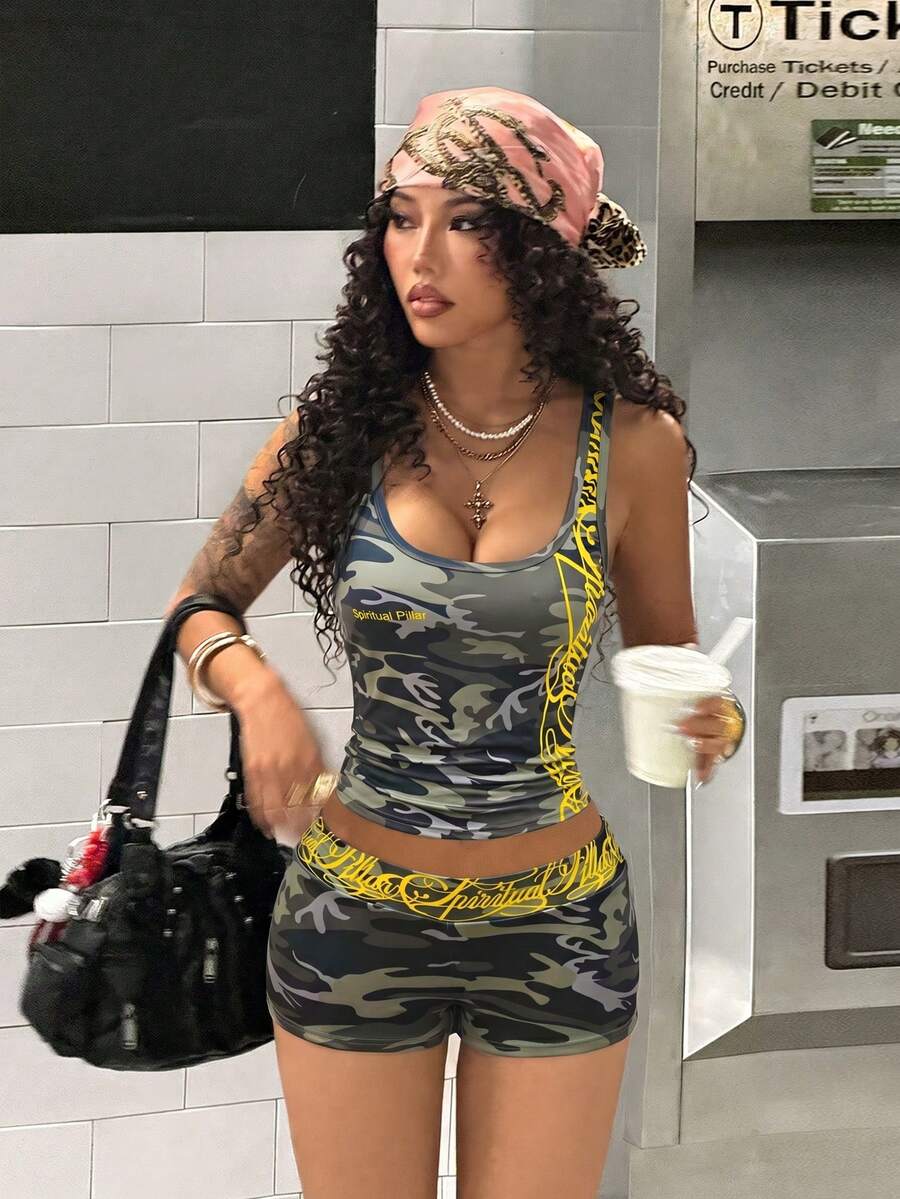 Women's Halloween print two-piece outfit with scoop neck camisole top and matching short biker track shorts in a slim fit