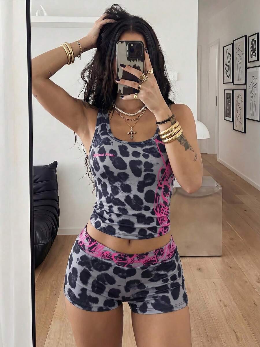 Women's Halloween print two-piece outfit with scoop neck camisole top and matching short biker track shorts in a slim fit