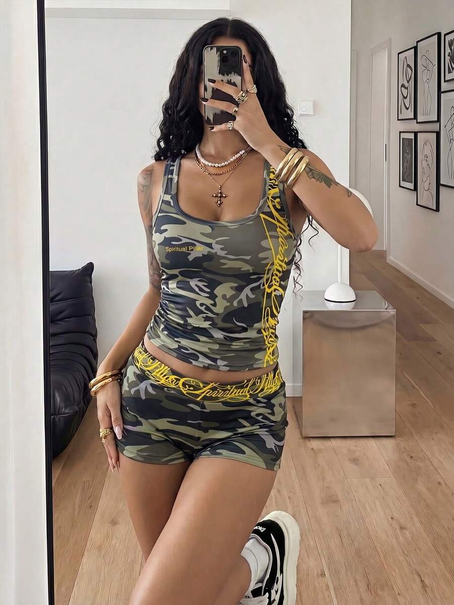 Women's Halloween print two-piece outfit with scoop neck camisole top and matching short biker track shorts in a slim fit