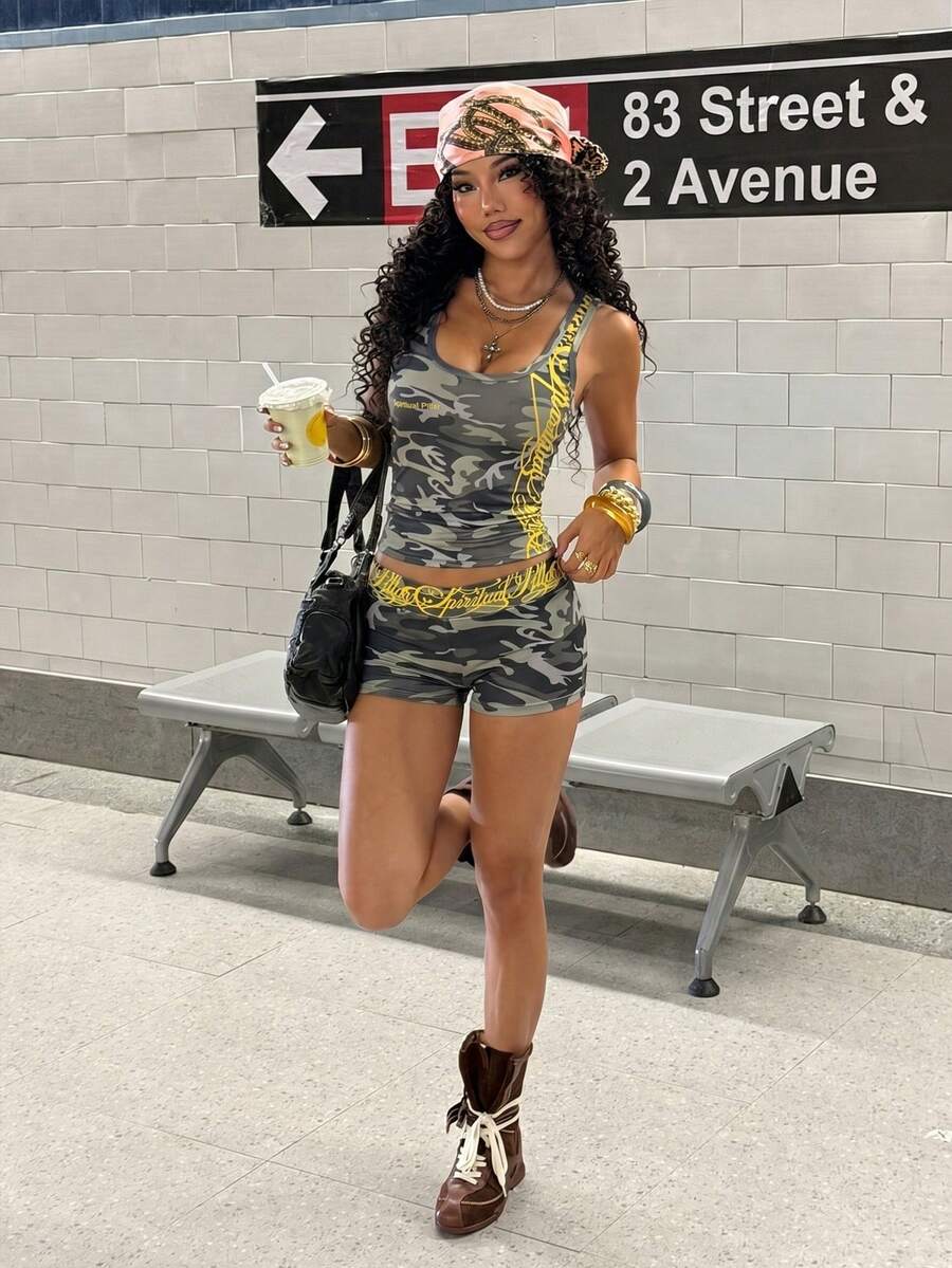 Women's Halloween print two-piece outfit with scoop neck camisole top and matching short biker track shorts in a slim fit