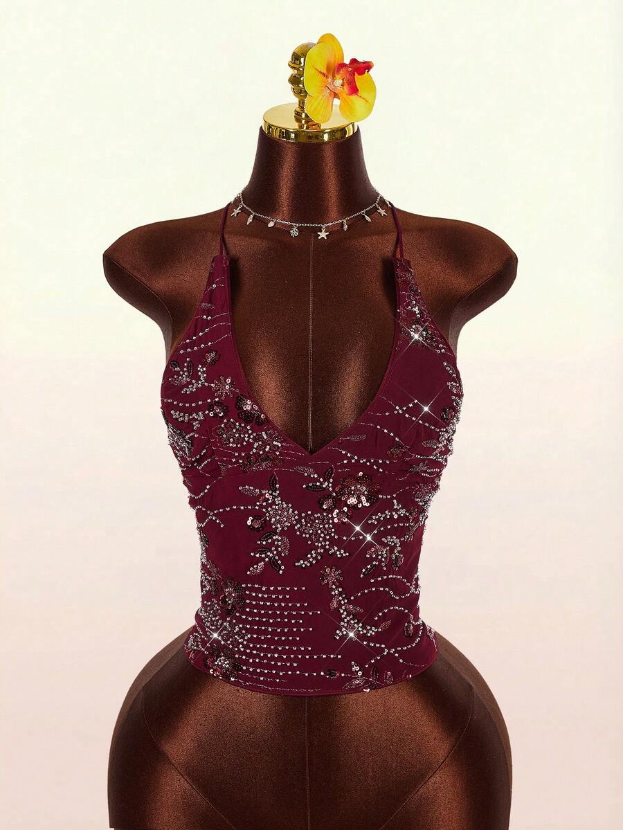 Women's embroidered sequin halter cami top featuring a deep V-neck, backless party design, and slim fit silhouette.
